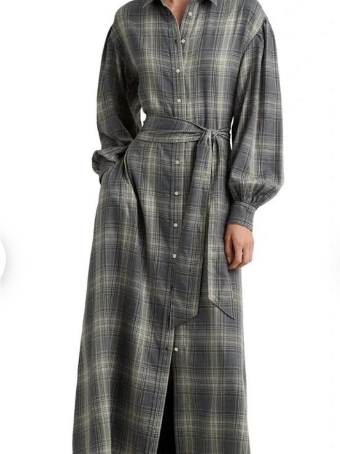 Ralph Lauren Gray Plaid Button-Front Maxi Shirt Dress